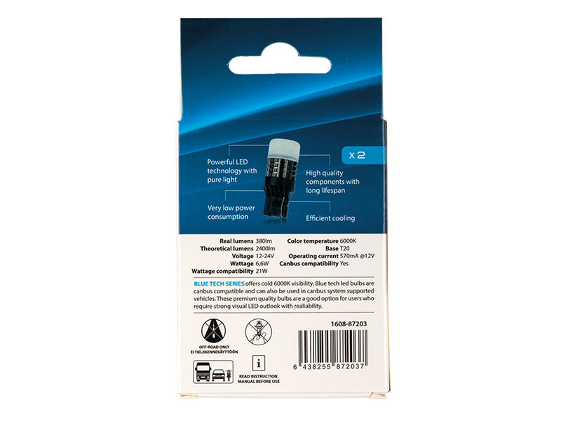 6.6W (380Lm/2400Lm) 12/24V AUTOLINE LED autopirnid 2gb, T20, W3x16d, 570 mA @12V, jahe valge valgus 6000K