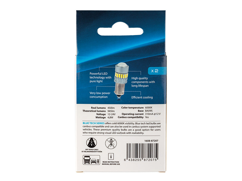4.8W(945Lm) 12/24V AUTOLINE LED car bulbs 2gb, BAX9s, 310 mA @12V, cool white light 6000K