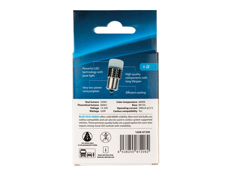 4.6W(320Lm/660Lm) 12/24V AUTOLINE LED car bulbs 2gb, BA15s, 390 mA @12V, cool white light 6000K