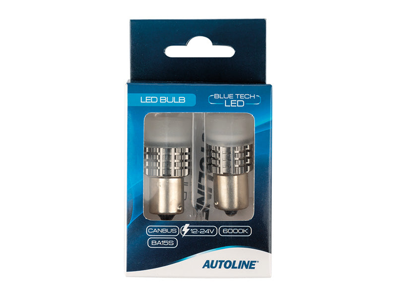 6.6W(380Lm/2400Lm) 12/24V AUTOLINE LED auto spuldzes 2gb, BA15s, 570 mA @12V, auksti balta gaisma 6000K