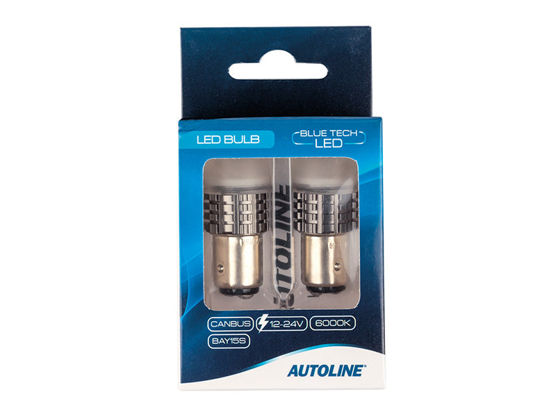 (21/5W) 4,2/1,4W  320/130lm / 660lm 12/24VAUTOLINE LED auto spuldzes 2gb, BAY15d, 340/120 mA @12V, auksti balta gaisma 6000K