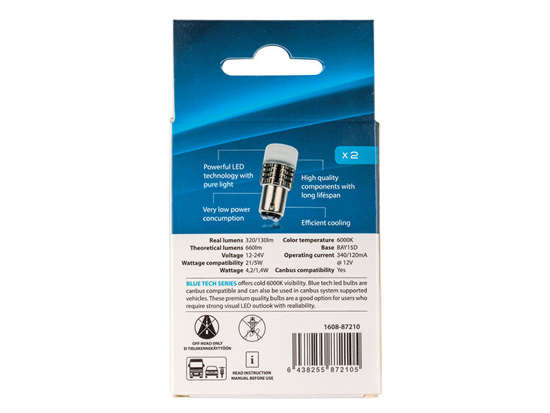 (21/5W) 4,2/1,4W  320/130lm / 660lm 12/24VAUTOLINE LED auto spuldzes 2gb, BAY15d, 340/120 mA @12V, auksti balta gaisma 6000K