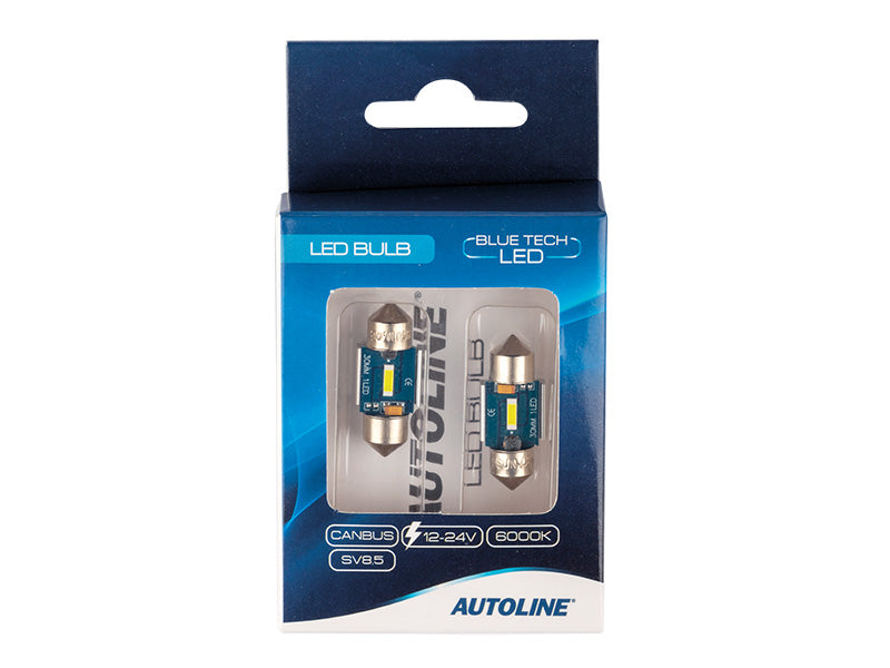 2.3W(160Lm/800Lm) 12/24V AUTOLINE LED auto spuldzes 2gb, SV8.5, 190 mA @12V, auksti balta gaisma 6000K