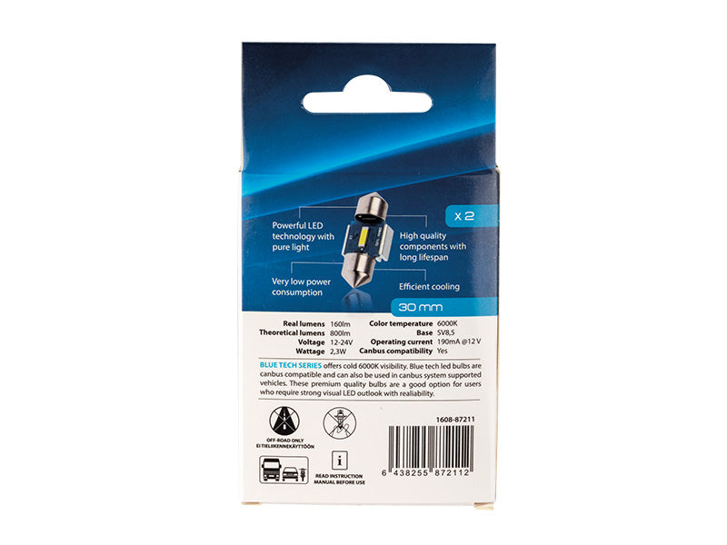 2.3W(160Lm/800Lm) 12/24V AUTOLINE LED car bulbs 2gb, SV8.5, 190 mA @12V, cool white light 6000K