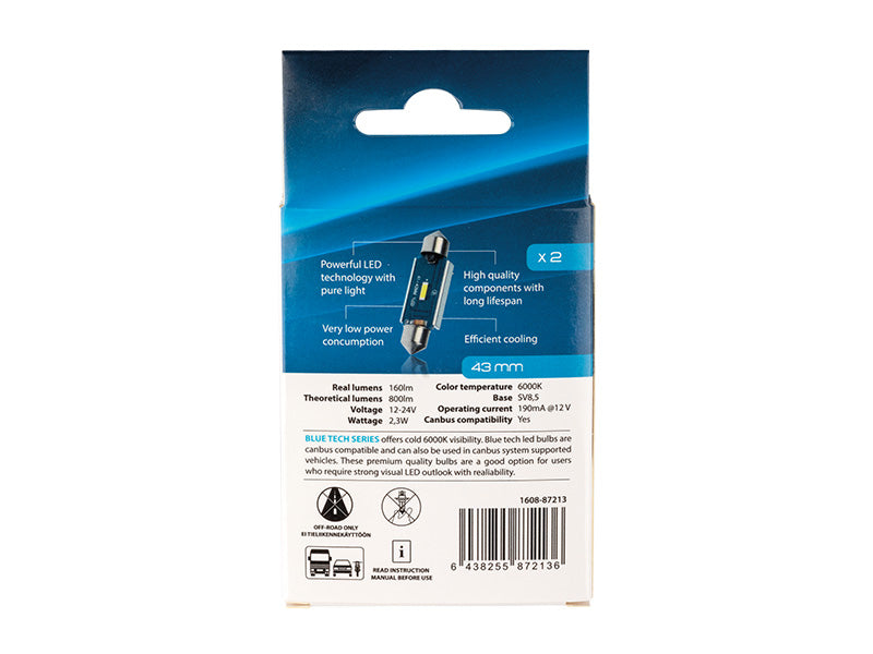 2.3W(160Lm/800Lm) 12/24V AUTOLINE LED car bulbs 2gb, SV8.5, 190 mA @12V, cool white light 6000K