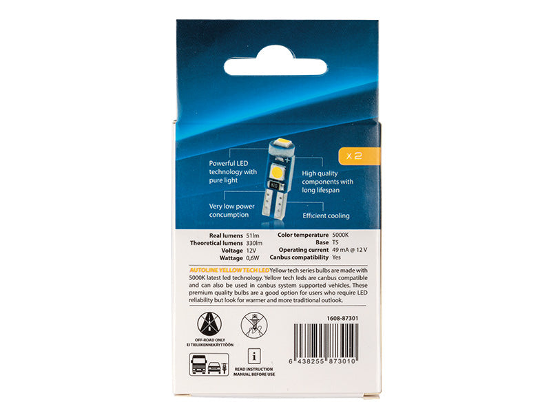 0.6W(51Lm/330Lm) 12V AUTOLINE LED autolamp 2gb, T5, 49 mA, jaheda valge valgus 5000K