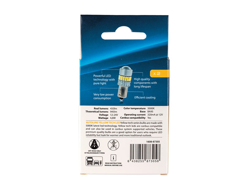 4.8W (450Lm/945Lm) 12/24V AUTOLINE LED autopirnid 2gb, BA9s, 320 mA @12V, jahe valge valgus 5000K