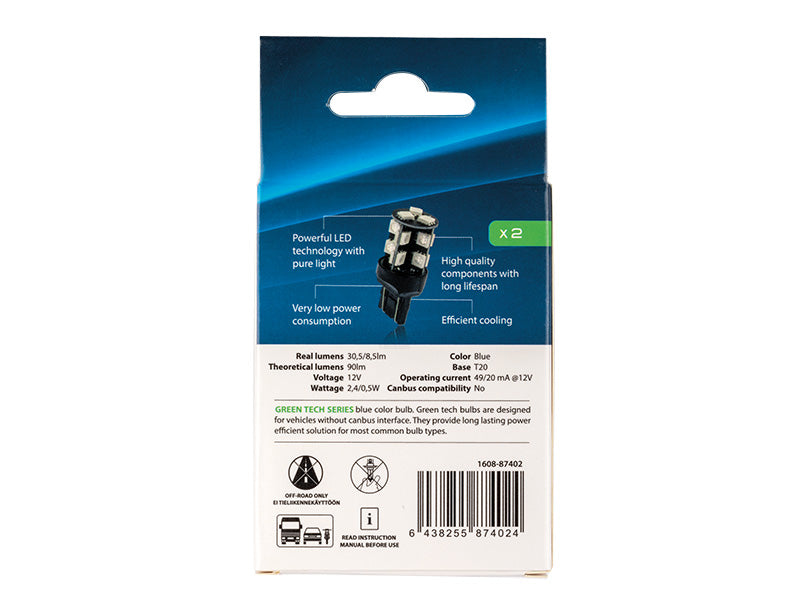 2,4 W / 0,5 W(30,5/8,5 lm/90Lm) 12V AUTOLINE LED autopirnid 2gb, T20, W3x16q, 49/20 mA, jahe valge valgus 6000K