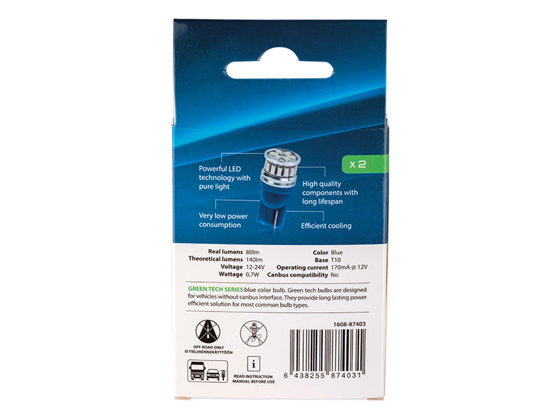0.7W(80/140Lm) 12/24V AUTOLINE LED-autolambid 2gb, sinine, T10, W2.1x9.5d, 170 mA @12V