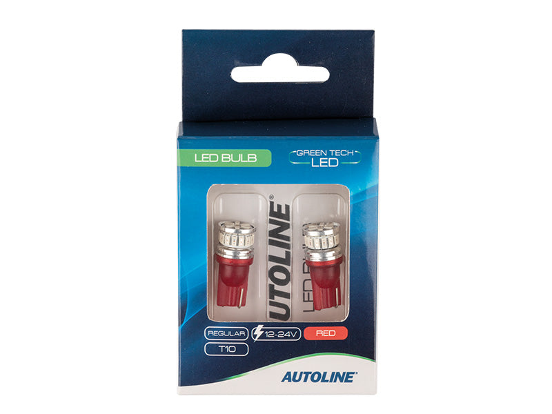 0.9W(120/280Lm) 12/24V AUTOLINE LED auto spuldzes 2gb, sarkana, T10, W2.1x9.5d, 140 mA @12V