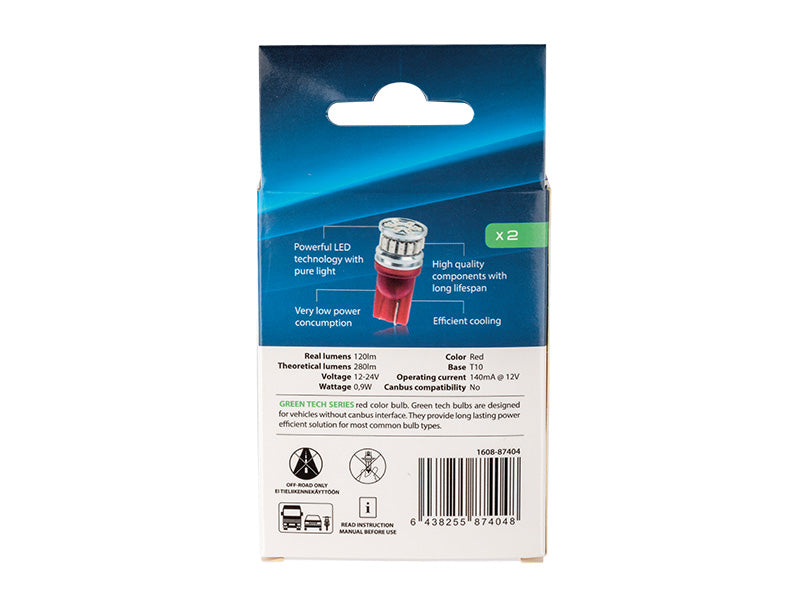 0.9W(120/280Lm) 12/24V AUTOLINE LED auto spuldzes 2gb, sarkana, T10, W2.1x9.5d, 140 mA @12V