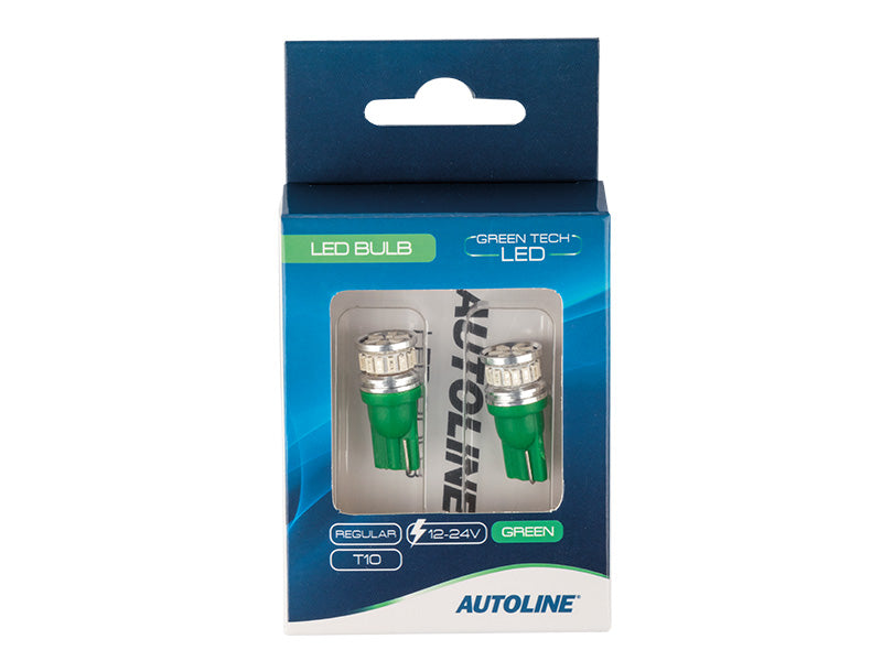 1,6W (180/560Lm) 12/24V AUTOLINE LED billampor 2gb, grön, T10, W2,1x9,5d, 170 mA @12V