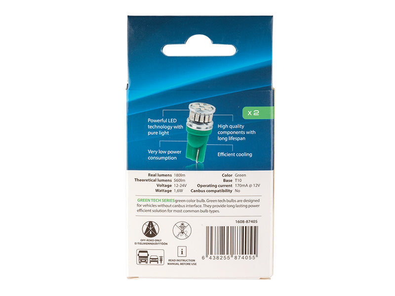 1,6W (180/560Lm) 12/24V AUTOLINE LED billampor 2gb, grön, T10, W2,1x9,5d, 170 mA @12V