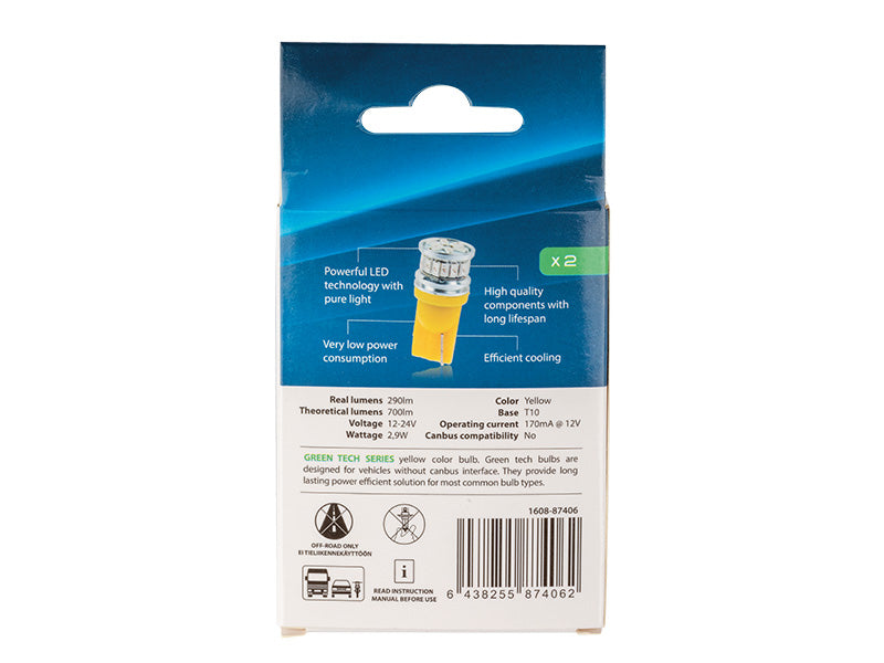 12-24V 2.9W(700Lm) LED-autolamp W5W, T10, W2.1x9.5d, 170 mA @12V, kollane