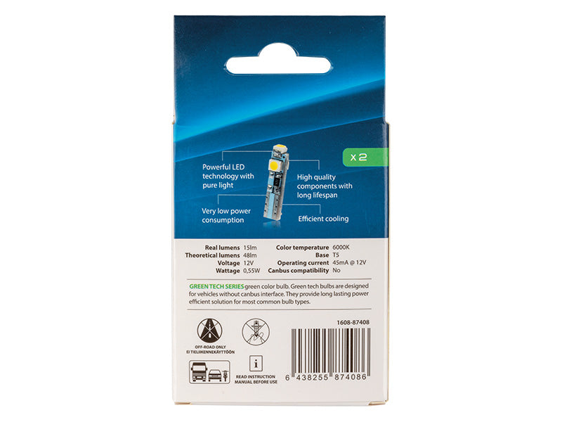 1,2 W / 0,55 W(15/48Lm) 12V AUTOLINE LED autopirnid 2gb, sinine, T5, 45 mA, jaheda valge valgus 6000K