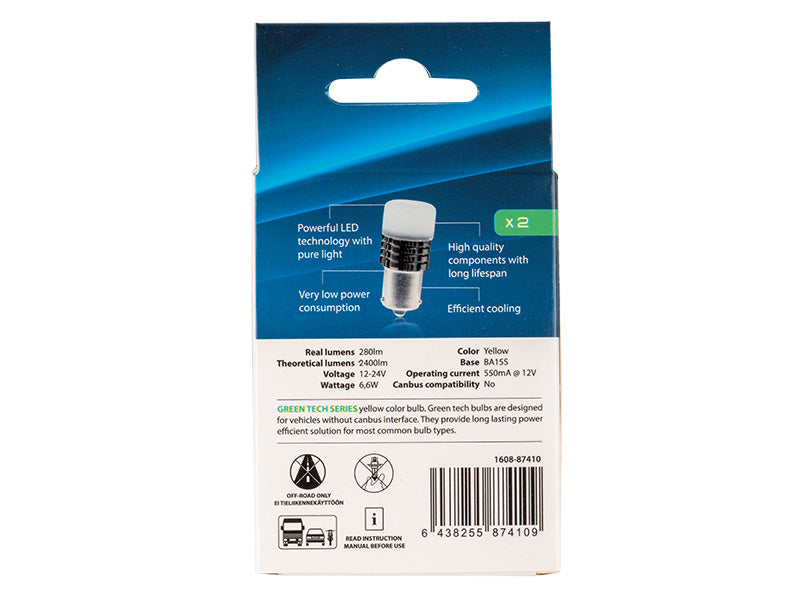 6.6W(280/2400Lm) 10-60V AUTOLINE LED car bulbs 2gb, yellow, BA15s, 550 mA @12V