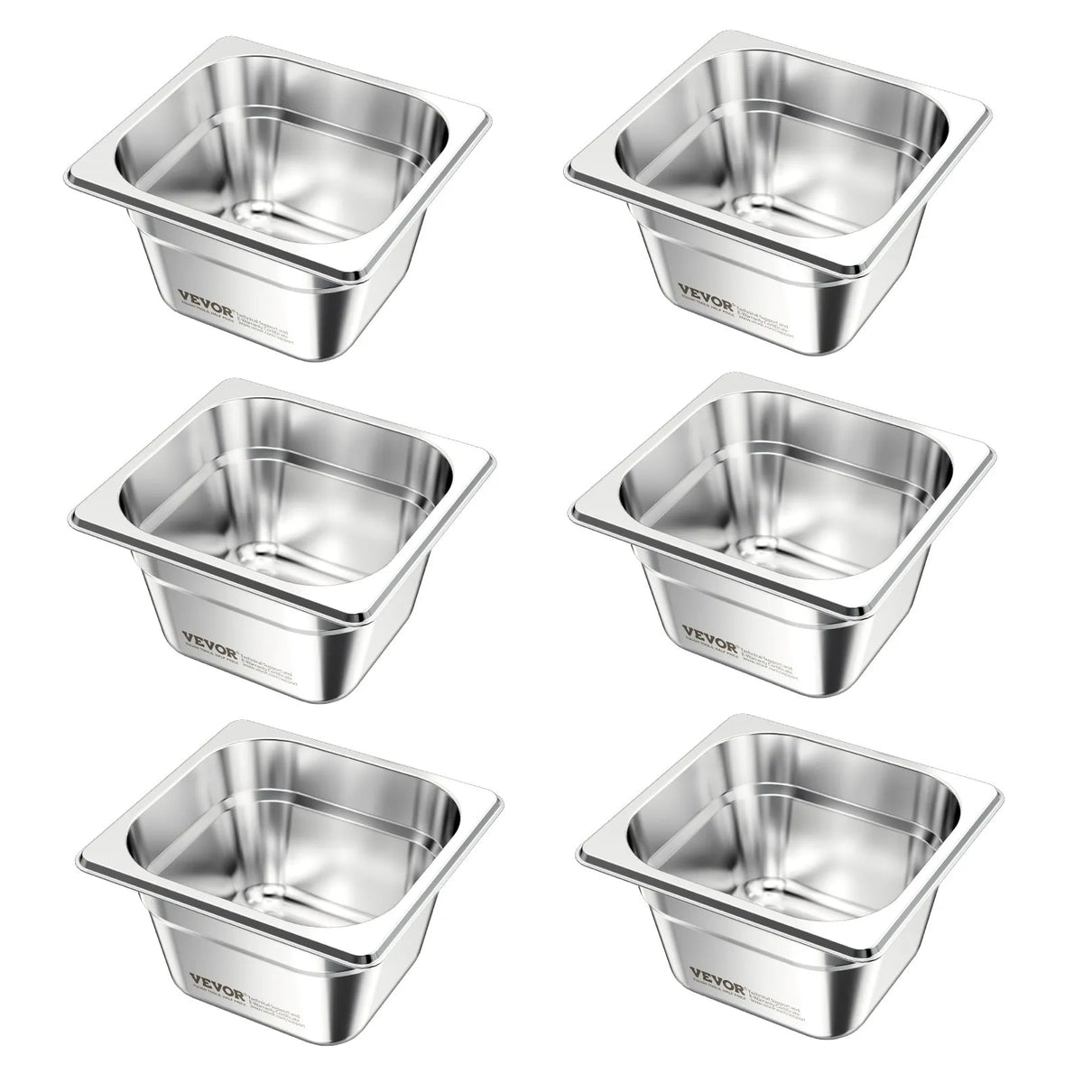 Nerūsējošā tērauda gastronomijas trauki, 1/6 izmērs, dziļums 100 mm, tilpums 1,7 l, 6 gab. komplekts