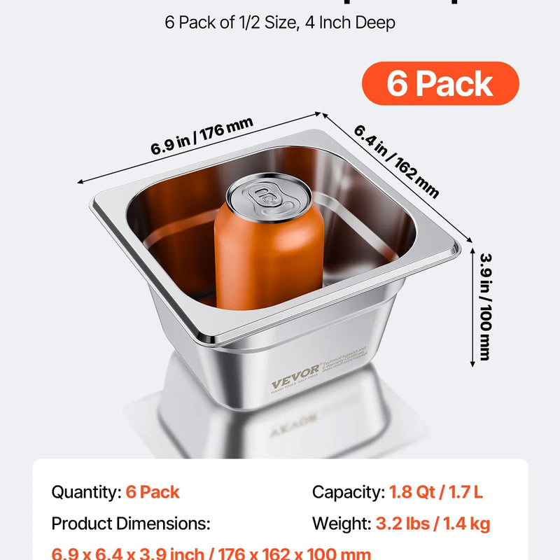 Nerūsējošā tērauda gastronomijas trauki, 1/6 izmērs, dziļums 100 mm, tilpums 1,7 l, 6 gab. komplekts