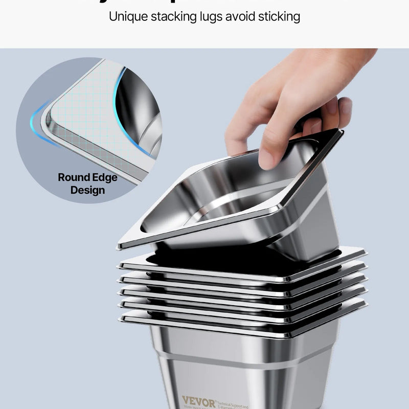 Nerūsējošā tērauda gastronomijas trauki, 1/6 izmērs, dziļums 100 mm, tilpums 1,7 l, 6 gab. komplekts