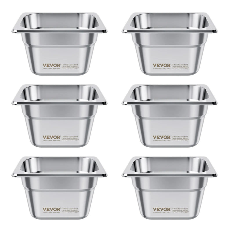 Nerūsējošā tērauda gastronomijas trauki, 1/6 izmērs, dziļums 100 mm, tilpums 1,7 l, 6 gab. komplekts