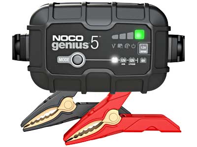 6-12V Akumulatoru lādētājs NOCO Genius 5,  lādēšana 5A, 120Ah akumulatoriem max, 75W jauda, kabeļi: uz lādētāja 142cm (AC) + 217cm (DC) un uz skavām 55cm, 117(161)x74x48mm, IP65,