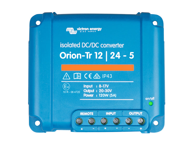Orion-Tr izolēts sprieguma pārveidotājs 12 V uz 24 V 120 W 5 A ar galvanisko izolāciju, regulējams izejas spriegums, IP43