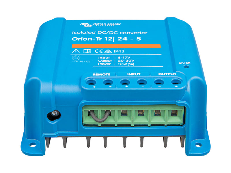 Orion-Tr izolēts sprieguma pārveidotājs 12 V uz 24 V 120 W 5 A ar galvanisko izolāciju, regulējams izejas spriegums, IP43