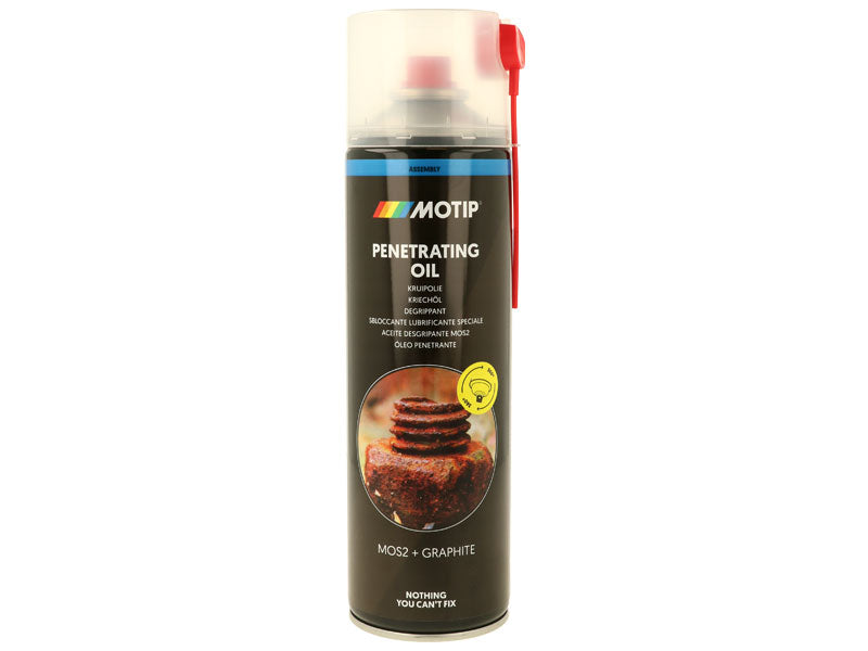 MOTIP Penetrating Oil 500ml rūsas atbrīvošanas un penetrējošā eļļa 090303 ar grafītu un MoS2, pretkorozijas, mitrumu atgrūdoša, 360° vārsts