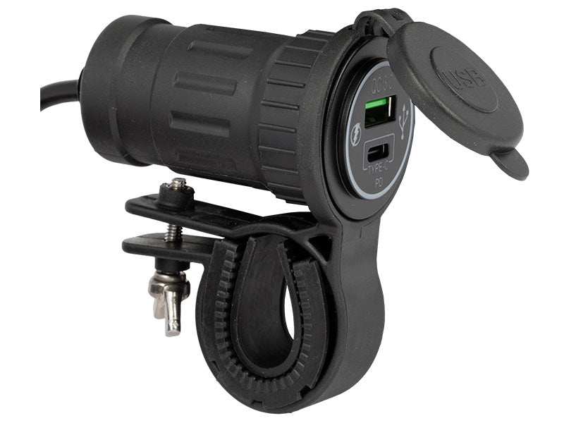 USB- USB-C  lādētājs ar stiprinājumu, Darba spriegums 12-24V DC, USB-A 3.0 uzlādes ports + USB-C uzlādes ports, noņemams stieņa kronšteins, max 2x3A 5V izeja, 2m kabelis,