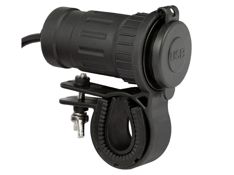 USB- USB-C  lādētājs ar stiprinājumu, Darba spriegums 12-24V DC, USB-A 3.0 uzlādes ports + USB-C uzlādes ports, noņemams stieņa kronšteins, max 2x3A 5V izeja, 2m kabelis,