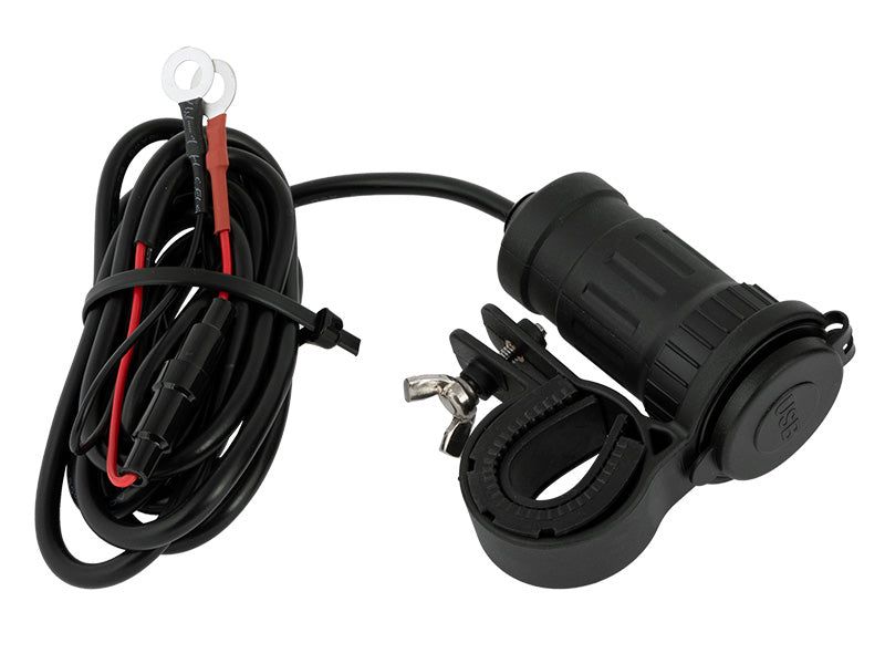 USB- USB-C  lādētājs ar stiprinājumu, Darba spriegums 12-24V DC, USB-A 3.0 uzlādes ports + USB-C uzlādes ports, noņemams stieņa kronšteins, max 2x3A 5V izeja, 2m kabelis,