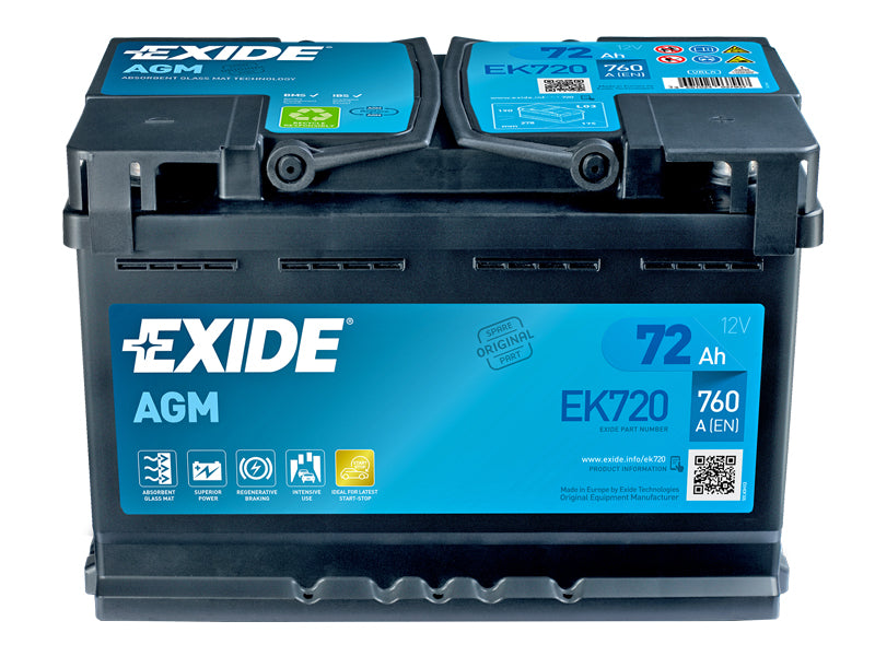 EXIDE AGM 12V 72Ah battery, (–/+), B13, 760 A
