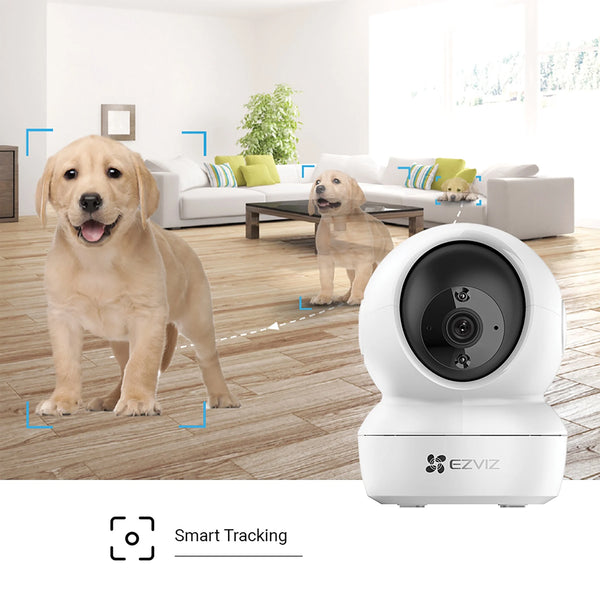Wireless moving video surveillance camera with 4MP 2K night vision. Connects to smart devices. Built-in microphone and speaker for remote communication. Video is stored on a Micro SD memory card up to 256GB (card not included), Ezviz