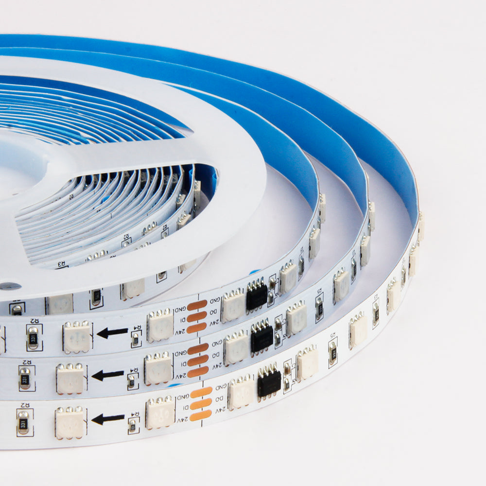 Cena par 1m_patēriņš 16w_ metrā 5050 RGB SPI lenta, spriegums DC24V, 60 diodes metrā. IP20