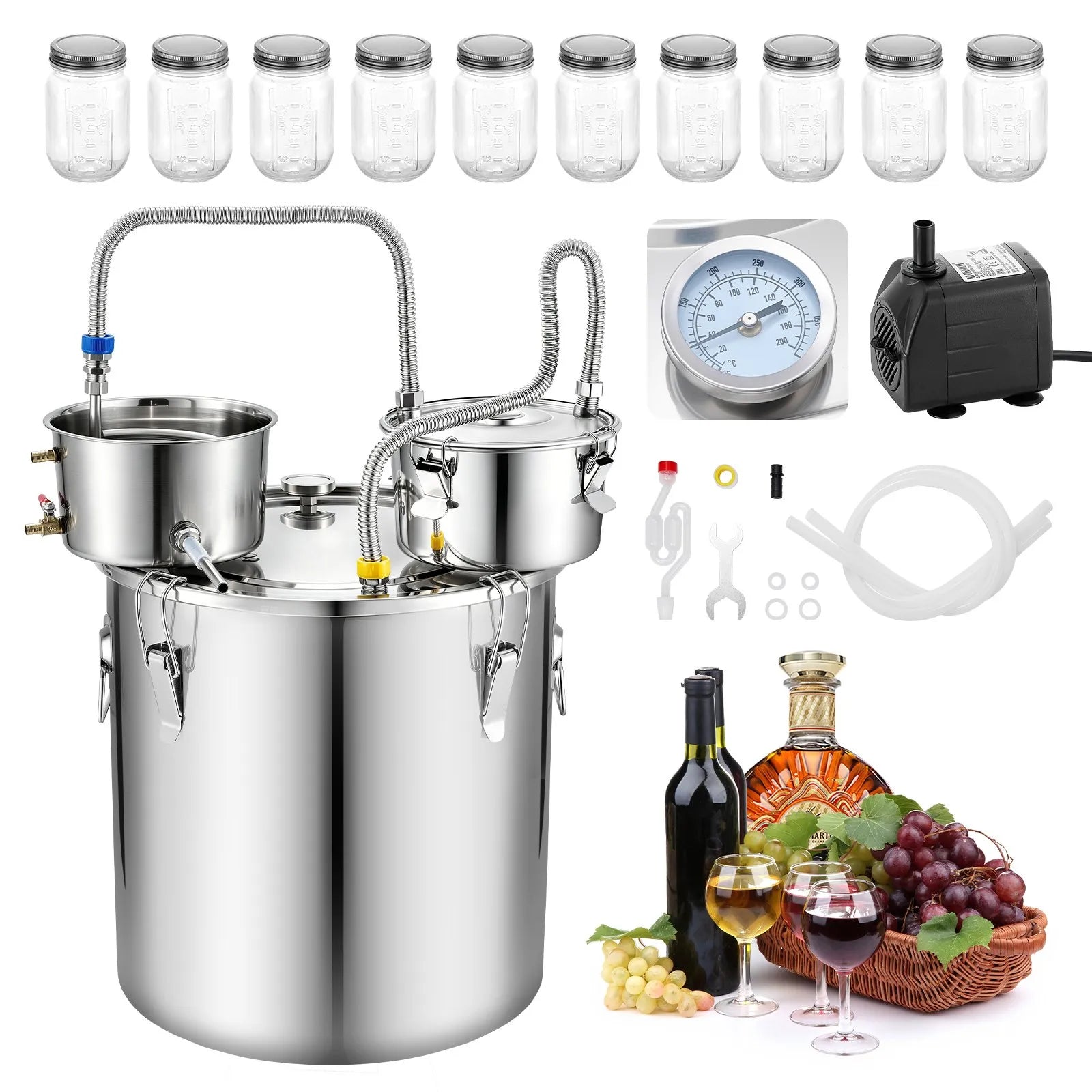 VEVOR 50 L spirta destilācijas aparāts ar 10 × 473 ml stikla burkām, otrreizējās destilācijas tvertni, divu skalu termometru un ūdens sūkni