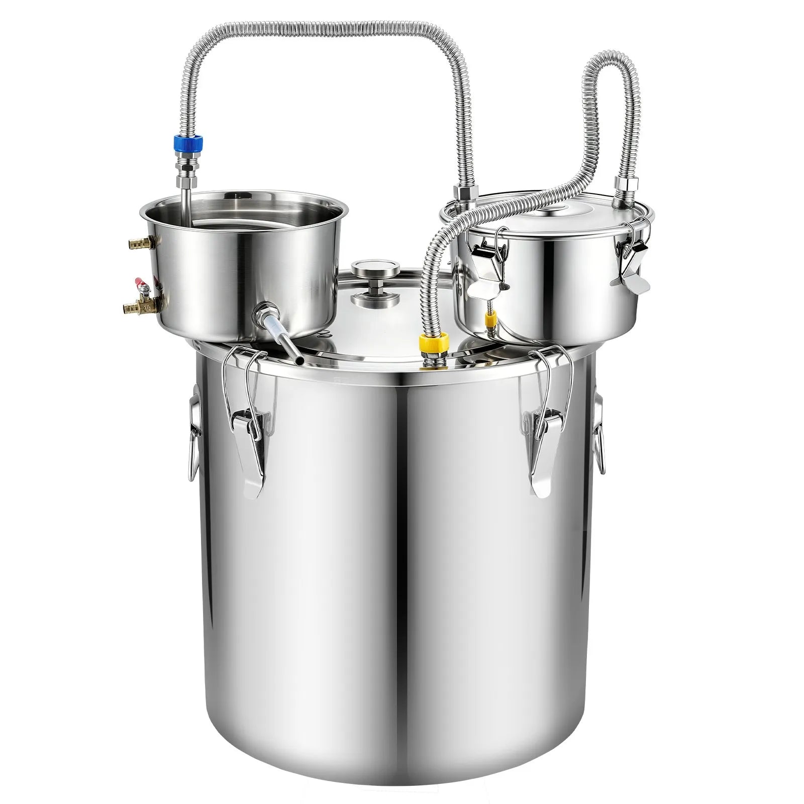 VEVOR 50 L spirta destilācijas aparāts ar 10 × 473 ml stikla burkām, otrreizējās destilācijas tvertni, divu skalu termometru un ūdens sūkni