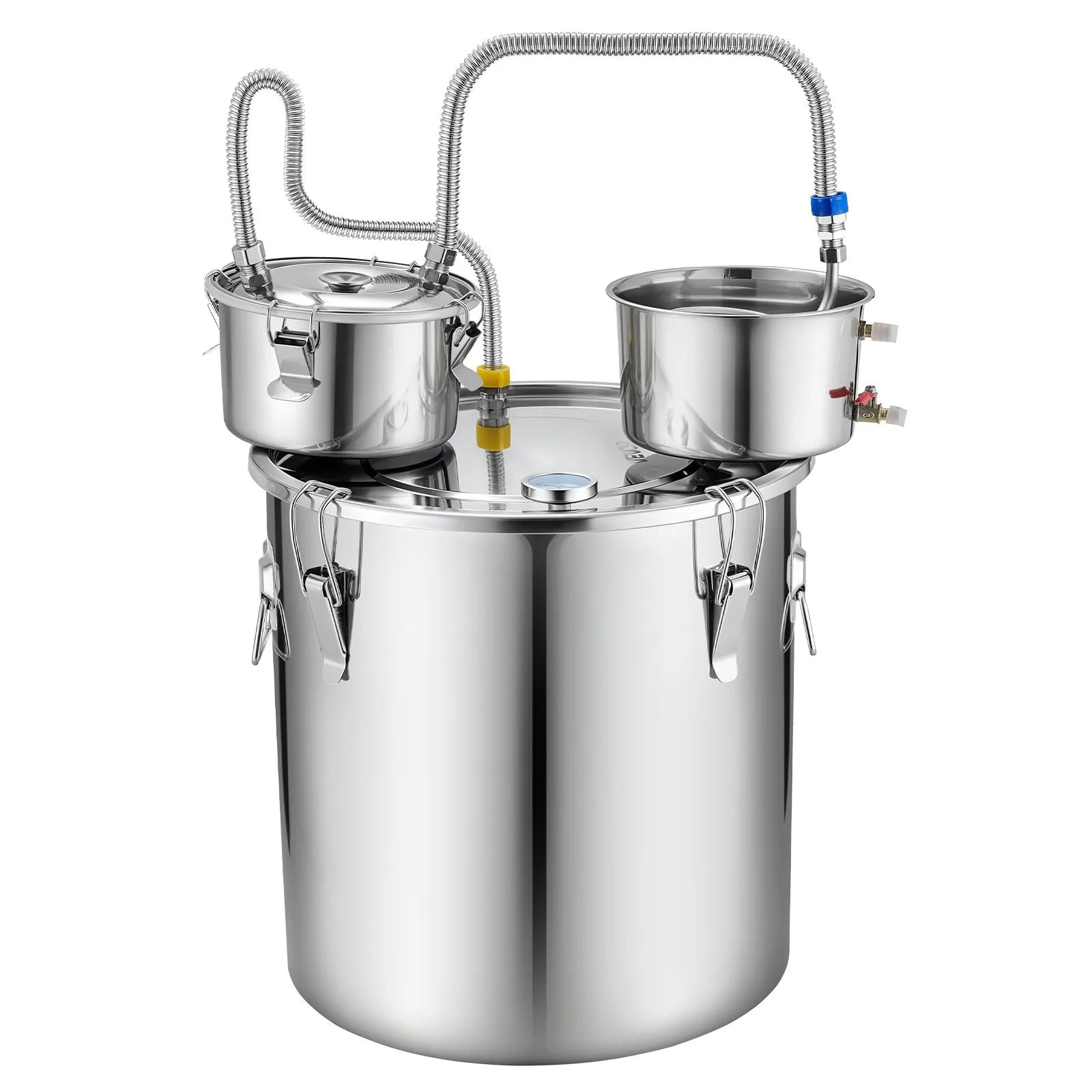 VEVOR 50 L spirta destilācijas aparāts ar 10 × 473 ml stikla burkām, otrreizējās destilācijas tvertni, divu skalu termometru un ūdens sūkni