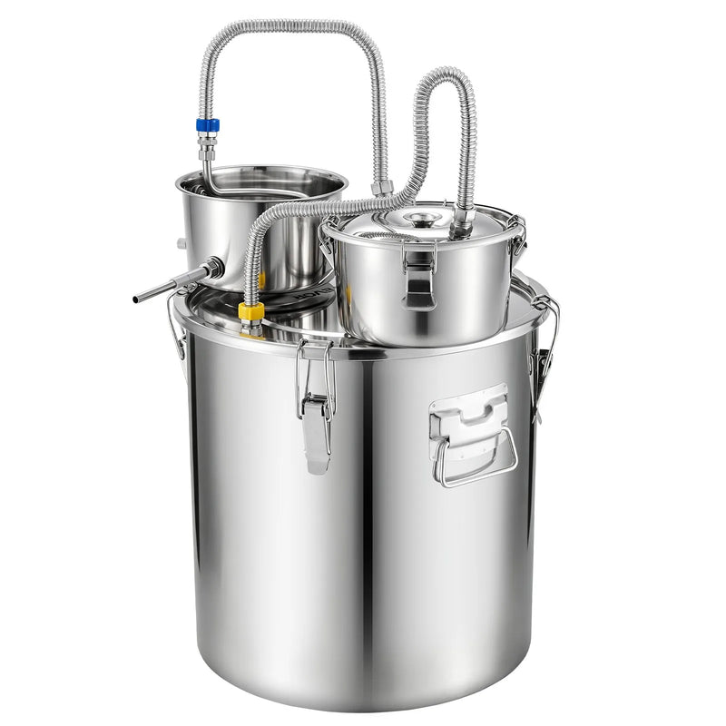 VEVOR 50 L spirta destilācijas aparāts ar 10 × 473 ml stikla burkām, otrreizējās destilācijas tvertni, divu skalu termometru un ūdens sūkni