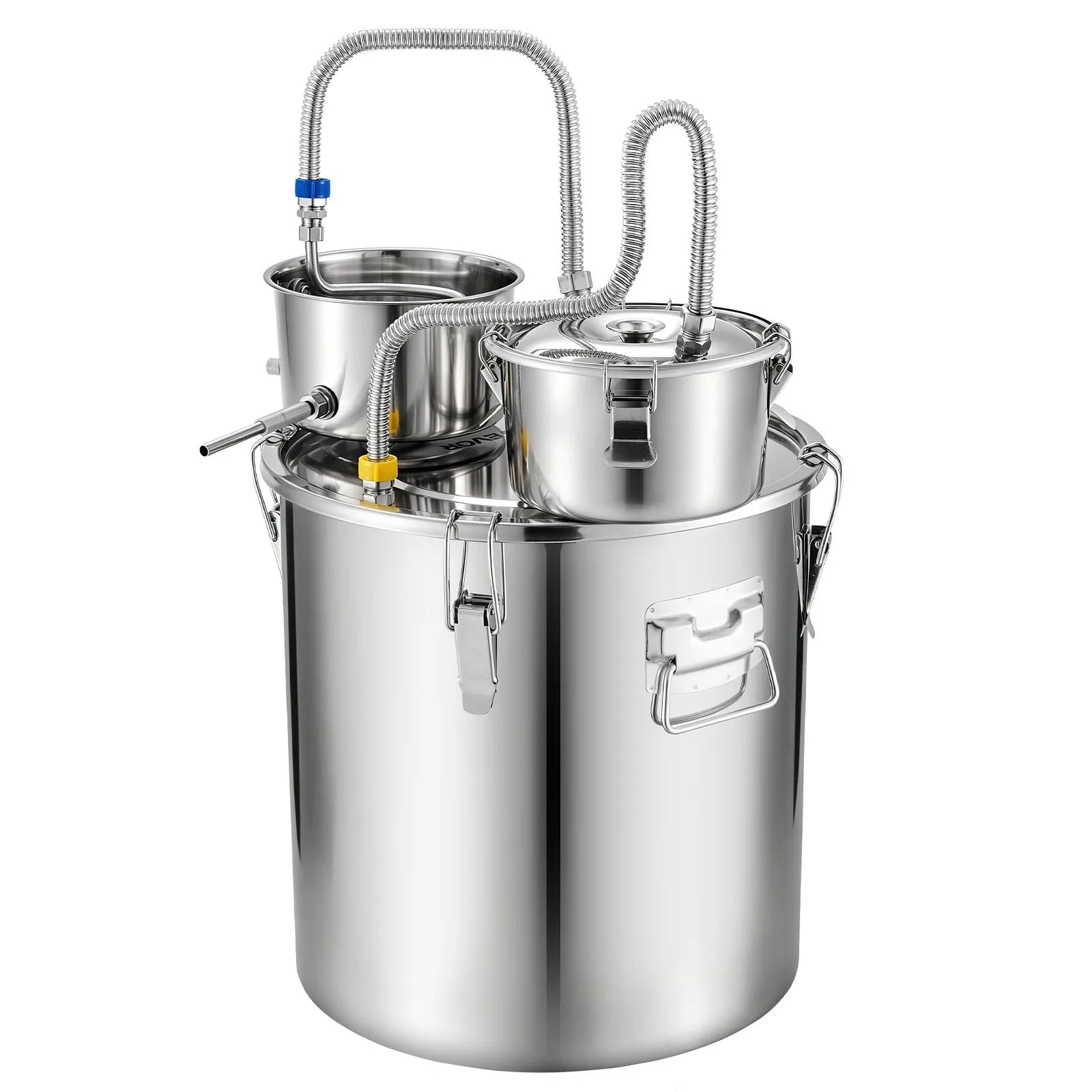 VEVOR 50 L spirta destilācijas aparāts ar 10 × 473 ml stikla burkām, otrreizējās destilācijas tvertni, divu skalu termometru un ūdens sūkni