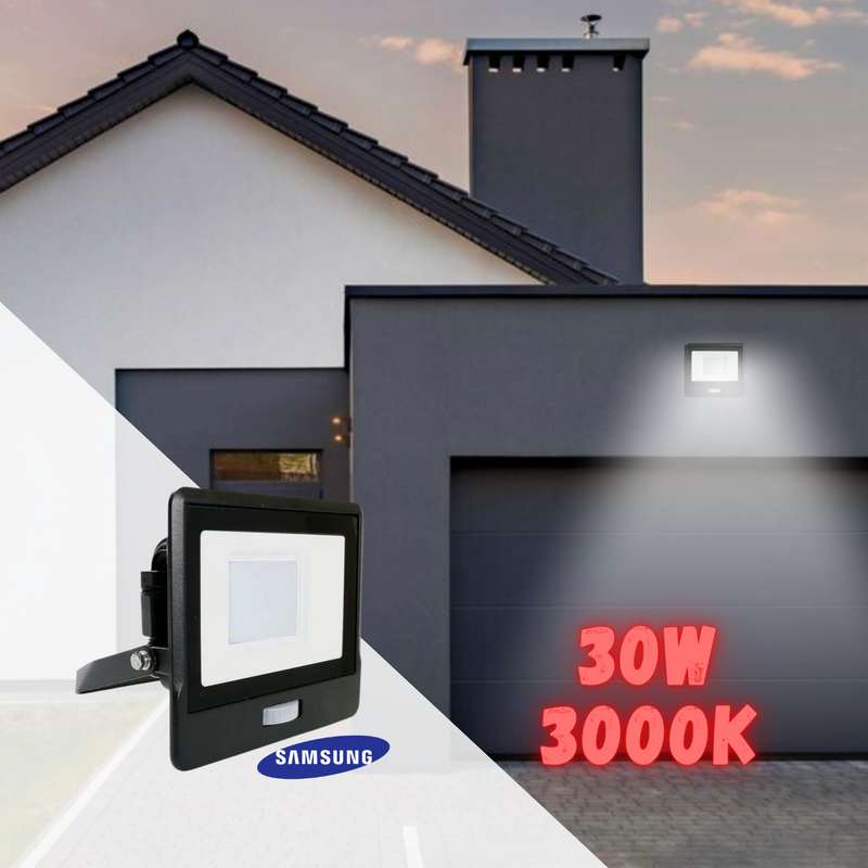 30W(2340Lm) LED spotlight with PIR sensor, V-TAC SAMSUNG, IP65, warranty 5 years, black, warm white light 3000K