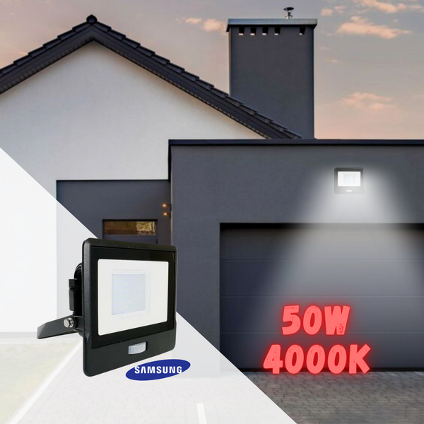 50W(4000Lm) LED Spotlight with PIR sensor, V-TAC SAMSUNG, warranty 5 years, IP65, black, neutral white light 4000K