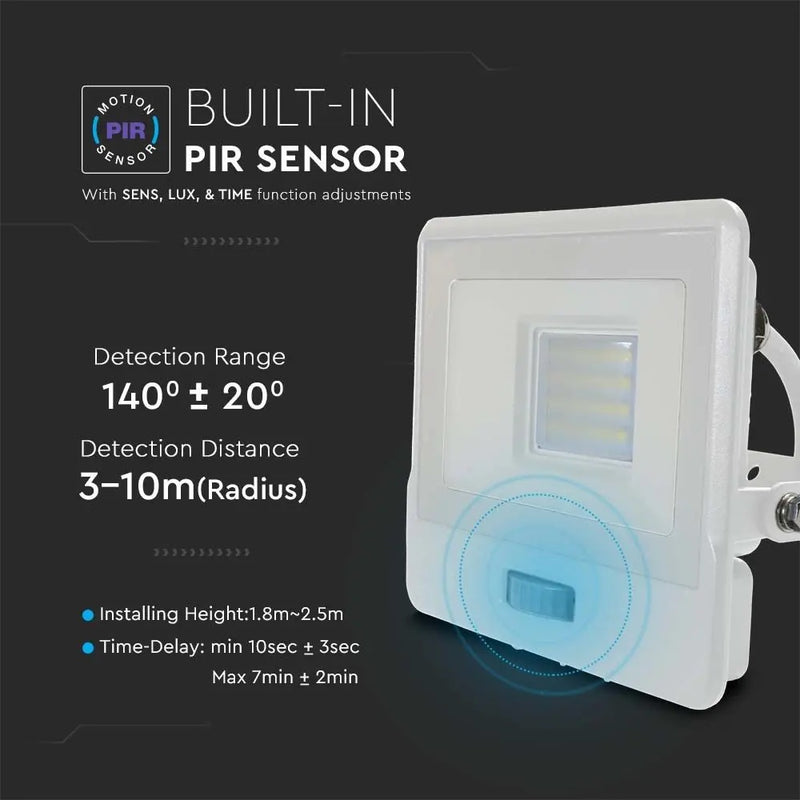20W(1510Lm) LED prožektors ar PIR sensoru, V-TAC SAMSUNG, IP65, garantija 5 gadi, balts, kabelis 1m, auksti balta gaisma 6500K