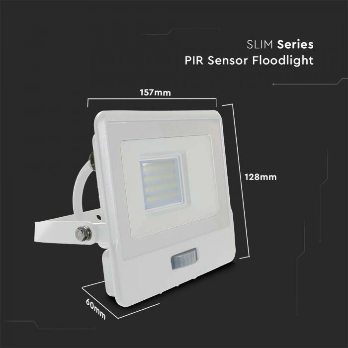 20W(1510Lm) LED spotlight with PIR sensor, V-TAC SAMSUNG, IP65, warranty 5 years, white, cable 1m, neutral white light 4000K