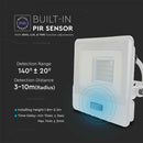 20W(1510Lm) LED spotlight with PIR sensor, V-TAC SAMSUNG, IP65, warranty 5 years, white, cable 1m, neutral white light 4000K