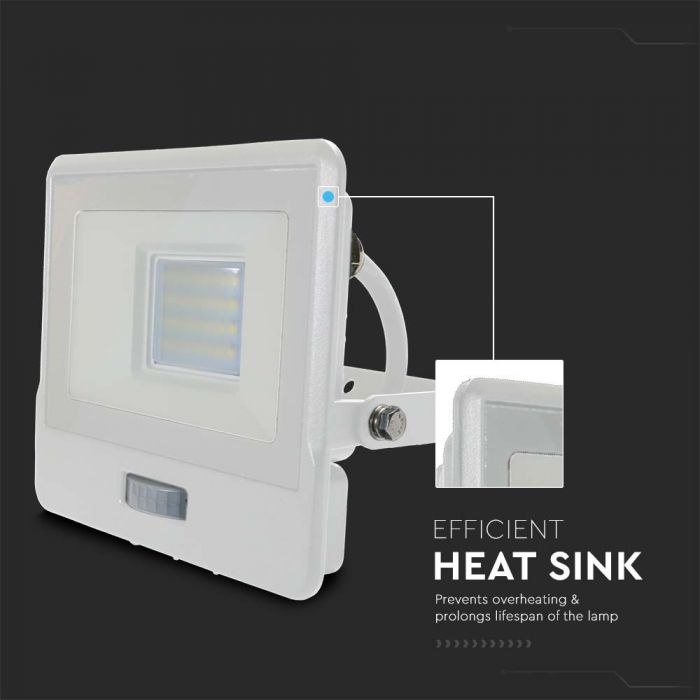 20W(1510Lm) LED spotlight with PIR sensor, V-TAC SAMSUNG, IP65, warranty 5 years, white, cable 1m, neutral white light 4000K