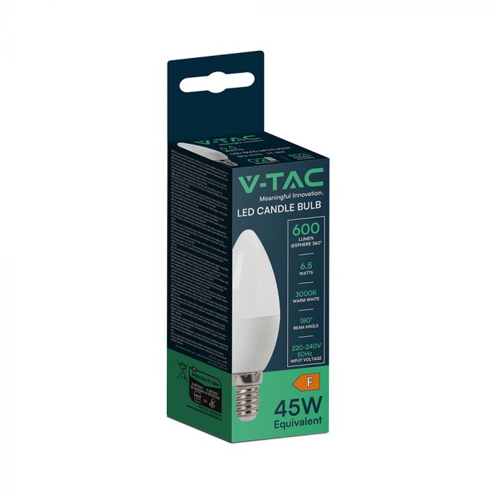 E14 6.5W(600Lm) LED Spuldze, V-TAC, IP20, silti balta gaisma 3000K