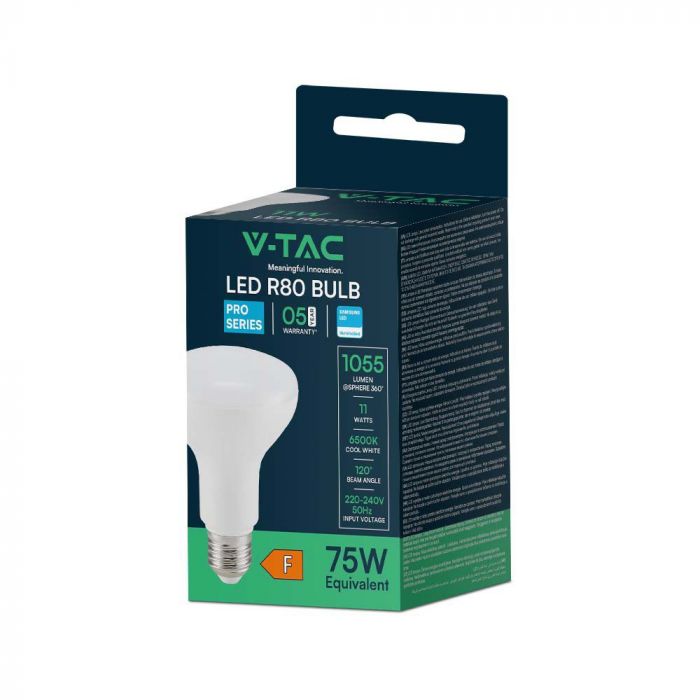 E27 11W(1055Lm) LED Spuldze, V-TAC SAMSUNG, IP20, R80, garantija 5 gadi, auksti balta gaisma 6500K