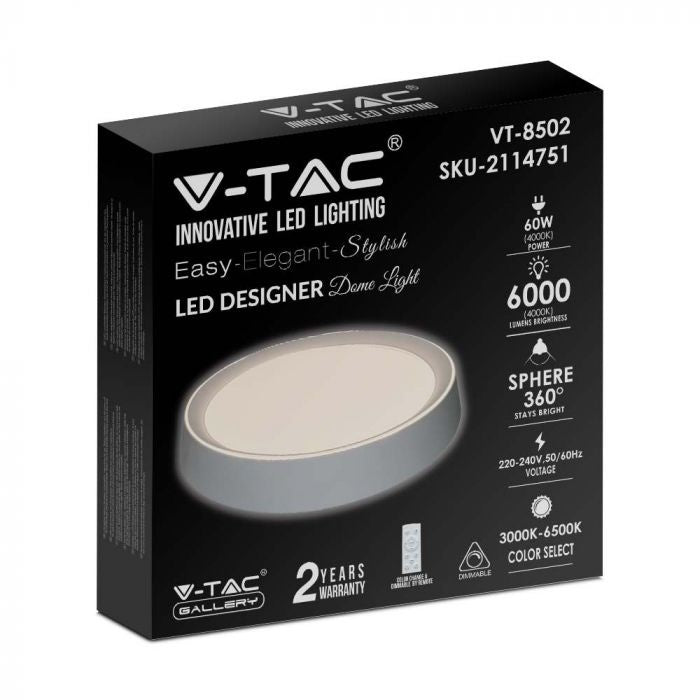 60W(6000Lm) LED V-TAC design rund kupolarmatur med fjärrkontroll, IP20, vit, dimbar, 3/1