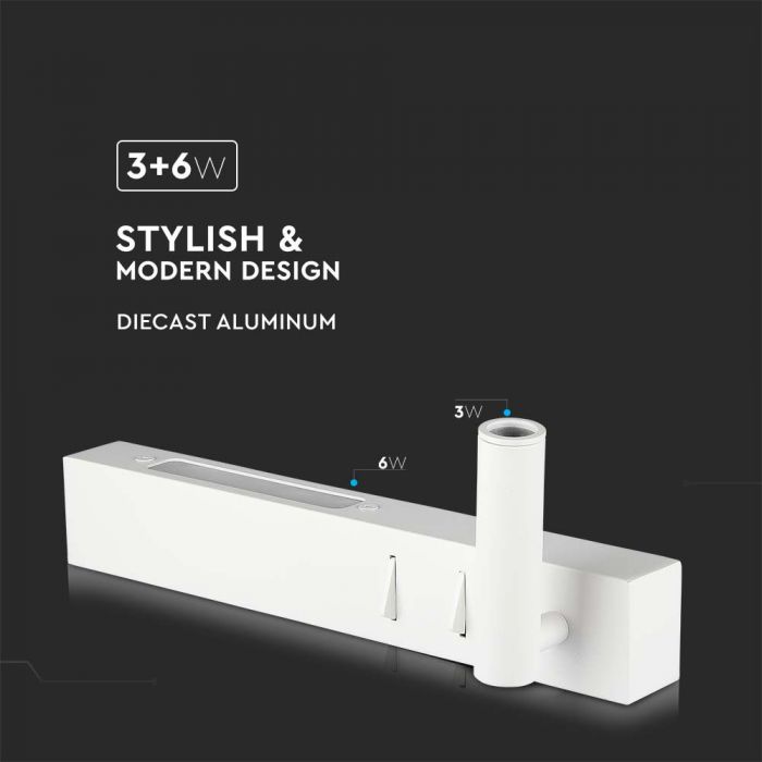 3W+6W(680Lm) LED-hotellarmatur, IP20, V-TAC, vit, varmvit 3000K