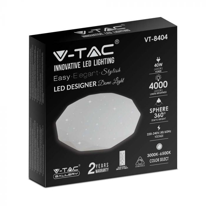 40W(4000Lm) LED V-TAC design rund kupolarmatur med fjärrkontroll, IP20, vit, dimbar, 3/1